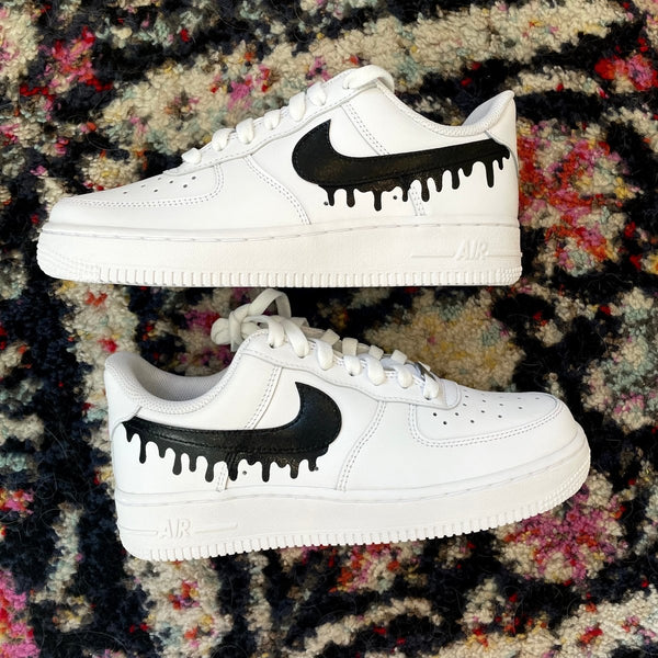 Nike Custom Air Force 1 Black Drip Splatter Swoosh White Shoes Mens Womens  Kids